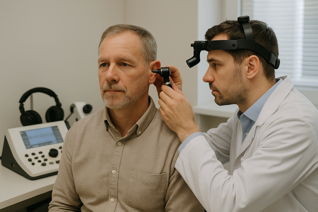Pacient adult la consultație ORL cu audiometrie în cabinet medical