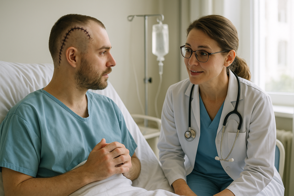 Pacient în recuperare după operație cerebrală, discutând cu medicul într-un salon de spital