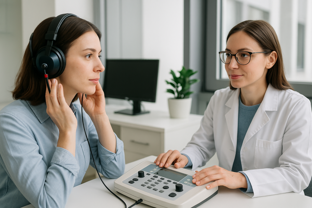 Test auditiv realizat într-o clinică modernă cu căști audiometrice